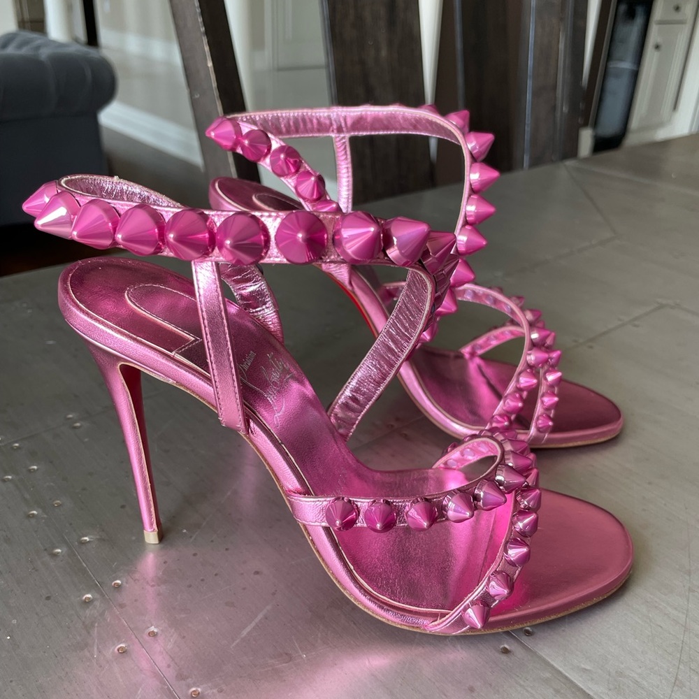 Christian louboutin spikita strap pink confetti 100mm stiletto sandal sz 37